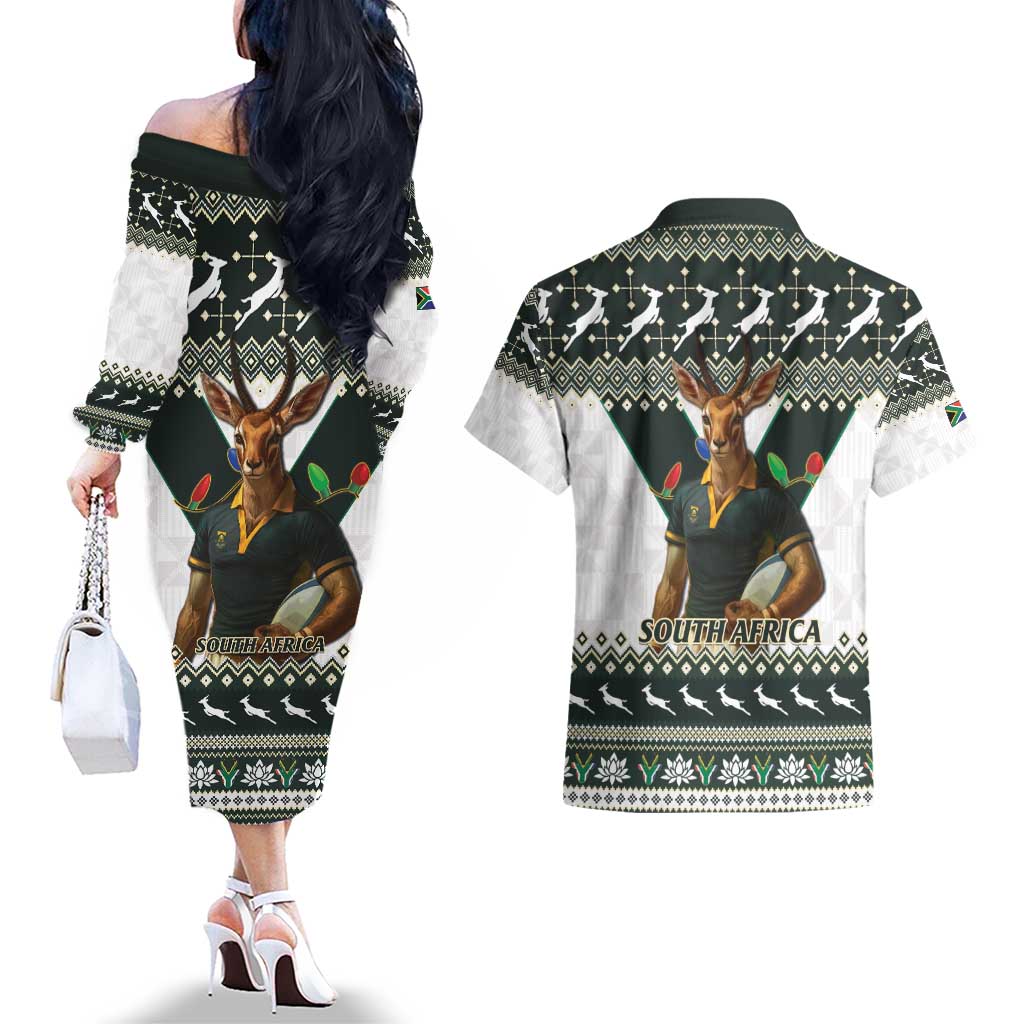South Africa Christmas Rugby Couples Matching Off The Shoulder Long Sleeve Dress and Hawaiian Shirt Springboks Mascot Mix African Pattern - Wonder Print Shop