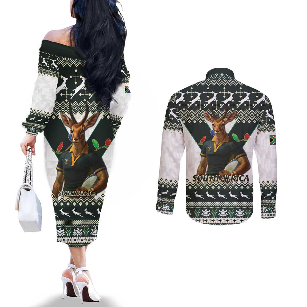 South Africa Christmas Rugby Couples Matching Off The Shoulder Long Sleeve Dress and Long Sleeve Button Shirt Springboks Mascot Mix African Pattern