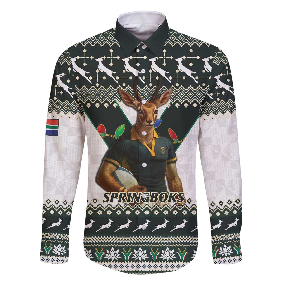 South Africa Christmas Rugby Family Matching Off The Shoulder Long Sleeve Dress and Hawaiian Shirt Springboks Mascot Mix African Pattern - Wonder Print Shop