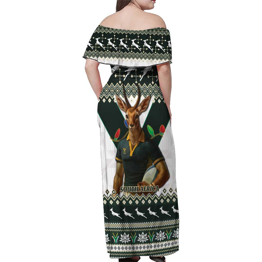South Africa Christmas Rugby Family Matching Off Shoulder Maxi Dress and Hawaiian Shirt Springboks Mascot Mix African Pattern - Wonder Print Shop