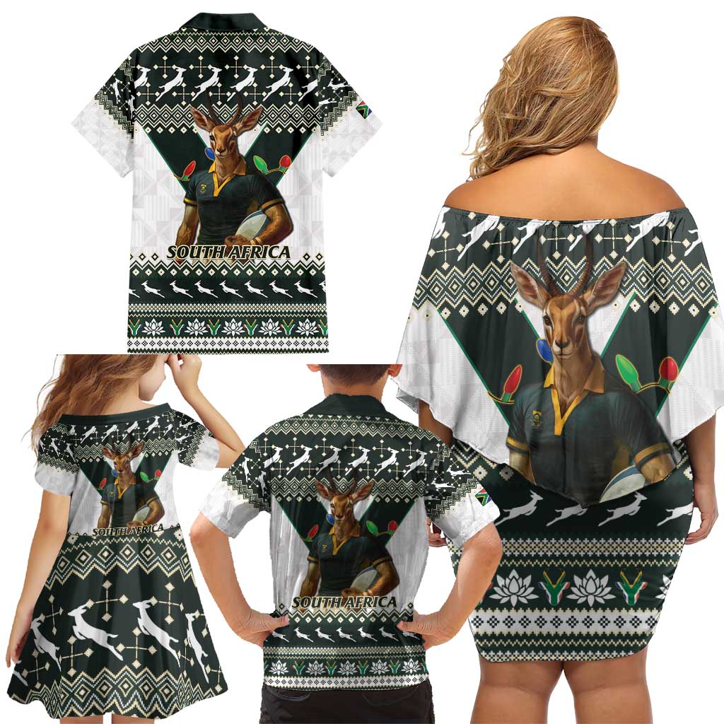 South Africa Christmas Rugby Family Matching Off Shoulder Short Dress and Hawaiian Shirt Springboks Mascot Mix African Pattern - Wonder Print Shop
