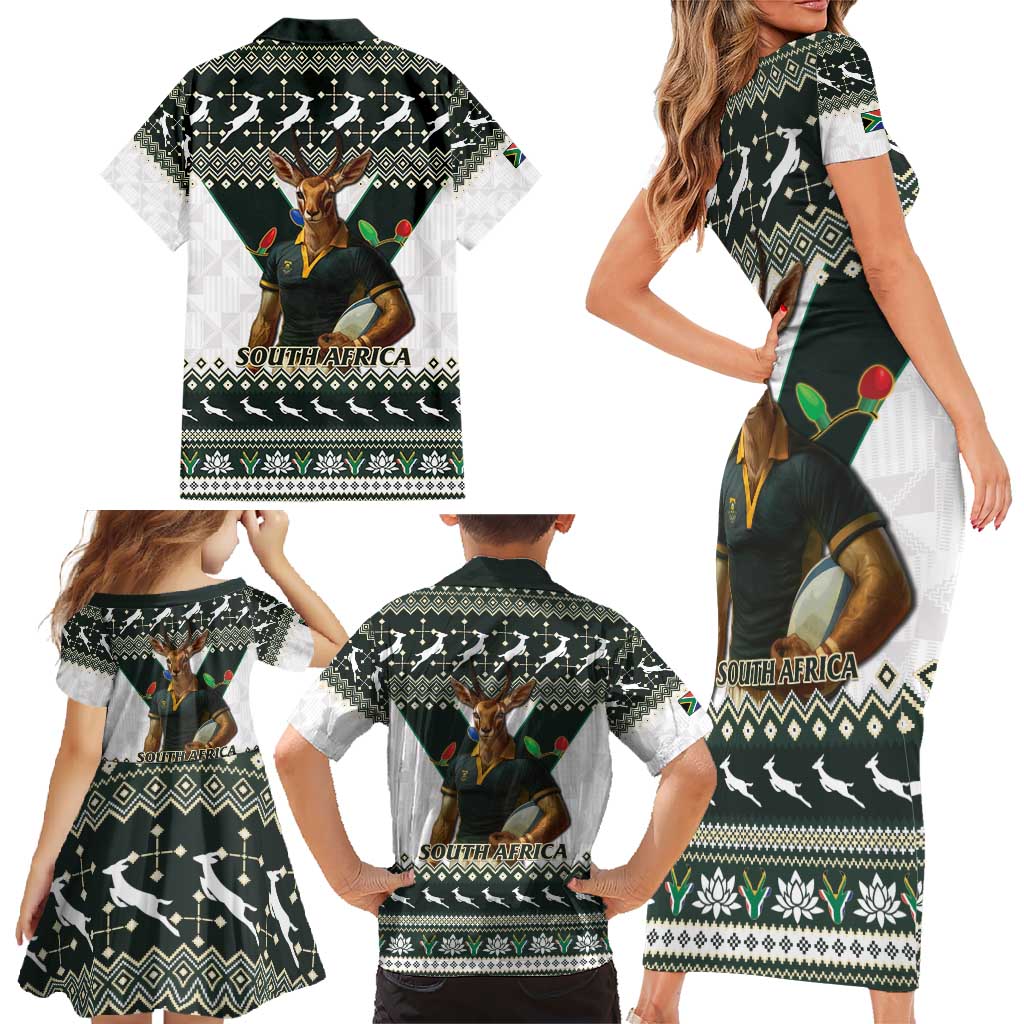 South Africa Christmas Rugby Family Matching Short Sleeve Bodycon Dress and Hawaiian Shirt Springboks Mascot Mix African Pattern - Wonder Print Shop