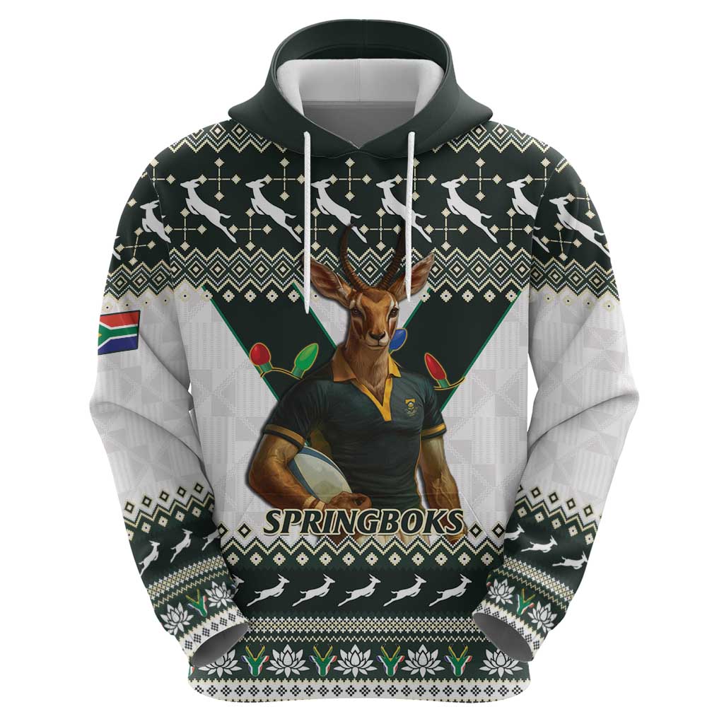 South Africa Christmas Rugby Hoodie Springboks Mascot Mix African Pattern - Wonder Print Shop
