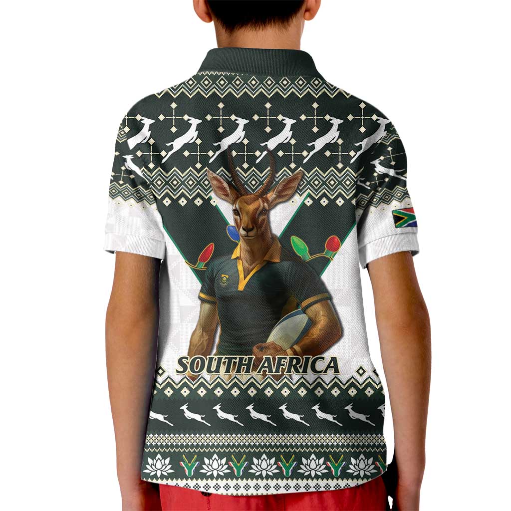 South Africa Christmas Rugby Kid Polo Shirt Springboks Mascot Mix African Pattern - Wonder Print Shop