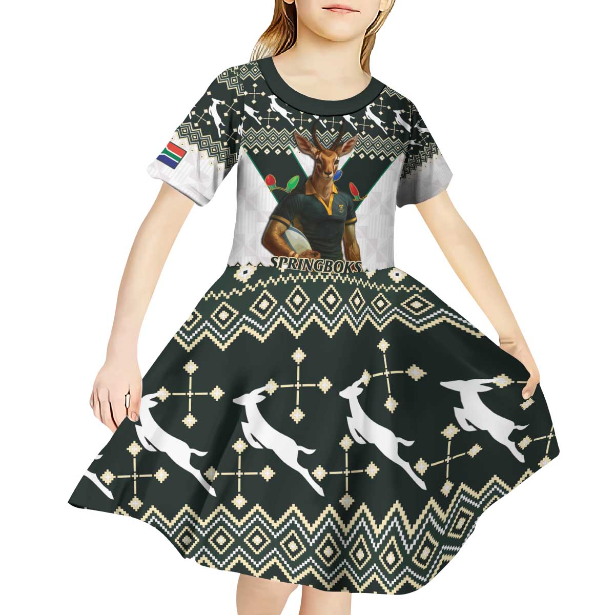 South Africa Christmas Rugby Kid Short Sleeve Dress Springboks Mascot Mix African Pattern - Wonder Print Shop