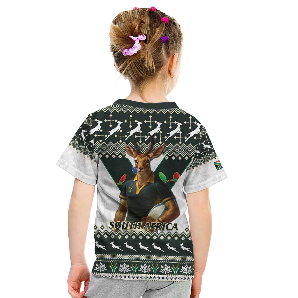 South Africa Christmas Rugby Kid T Shirt Springboks Mascot Mix African Pattern - Wonder Print Shop