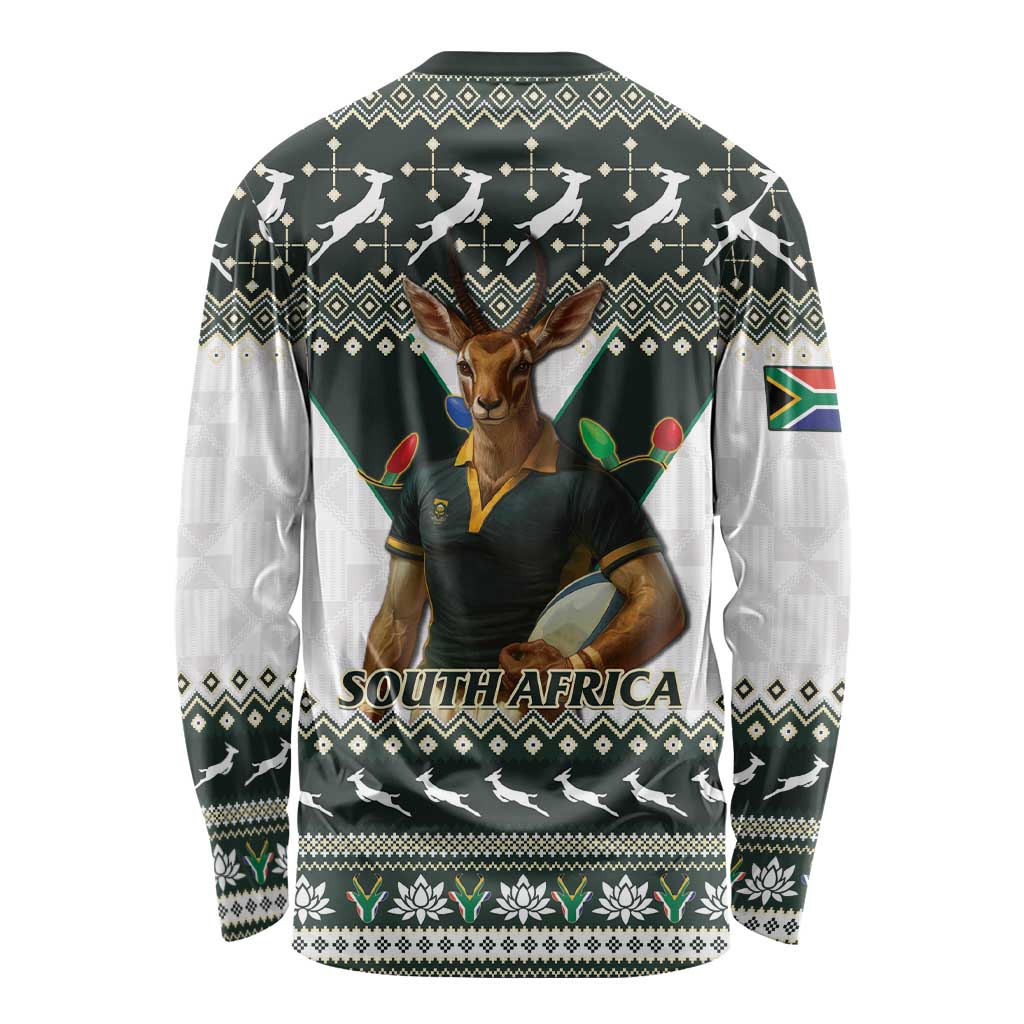 South Africa Christmas Rugby Long Sleeve Shirt Springboks Mascot Mix African Pattern - Wonder Print Shop