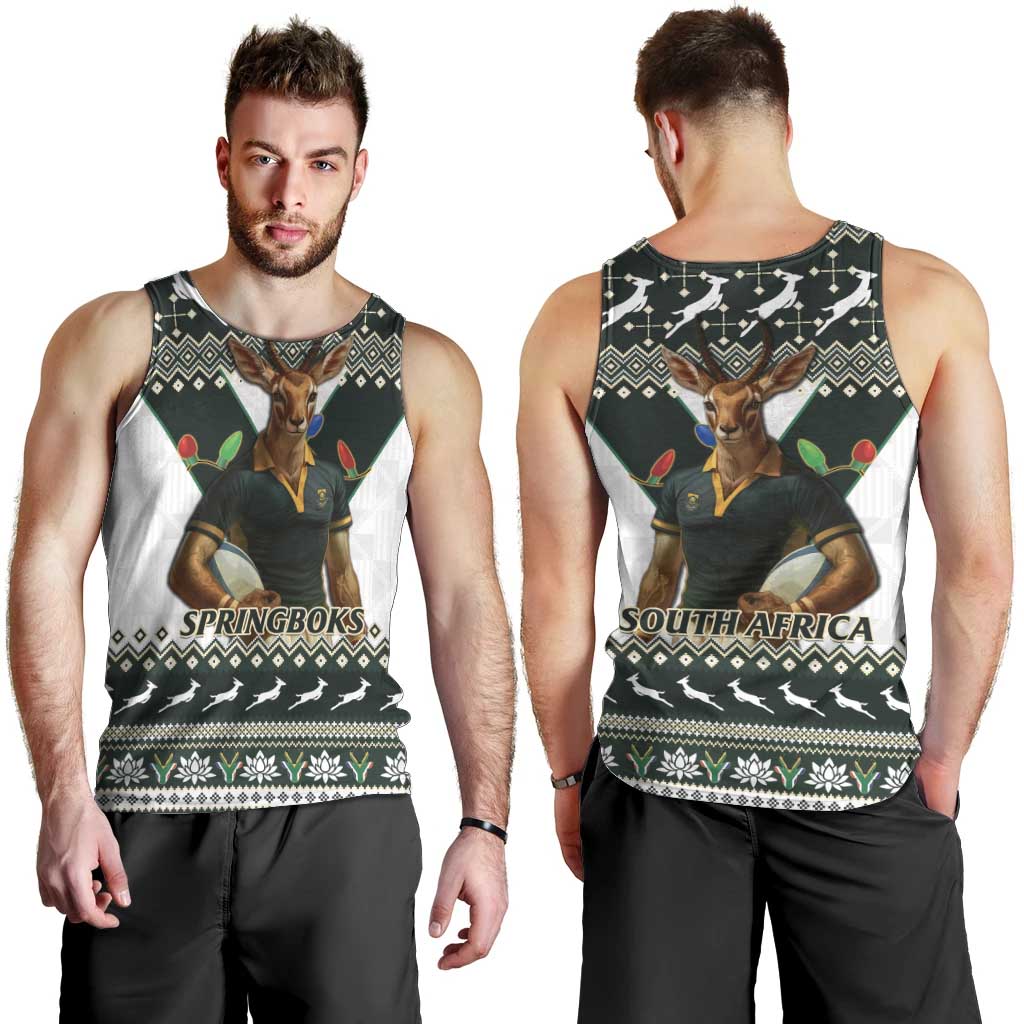 South Africa Christmas Rugby Men Tank Top Springboks Mascot Mix African Pattern - Wonder Print Shop