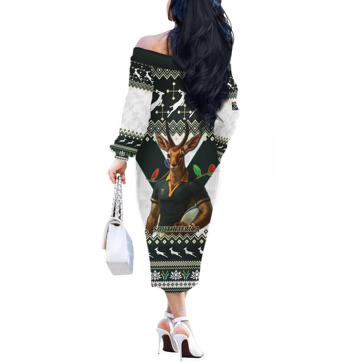 South Africa Christmas Rugby Off The Shoulder Long Sleeve Dress Springboks Mascot Mix African Pattern - Wonder Print Shop