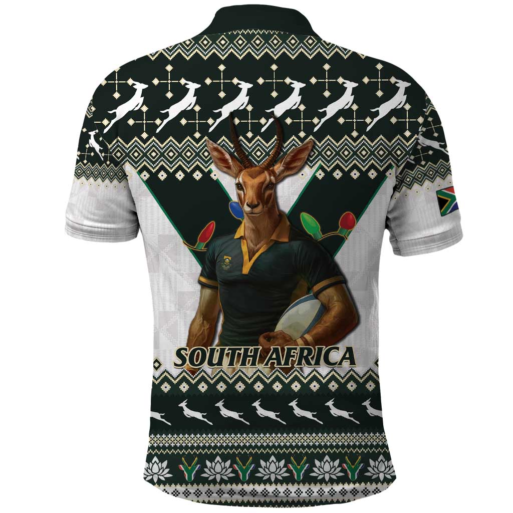 South Africa Christmas Rugby Polo Shirt Springboks Mascot Mix African Pattern - Wonder Print Shop