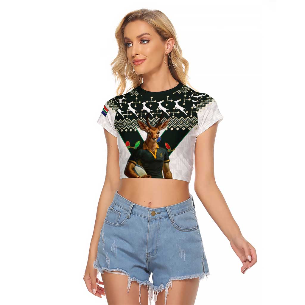 South Africa Christmas Rugby Raglan Cropped T Shirt Springboks Mascot Mix African Pattern - Wonder Print Shop