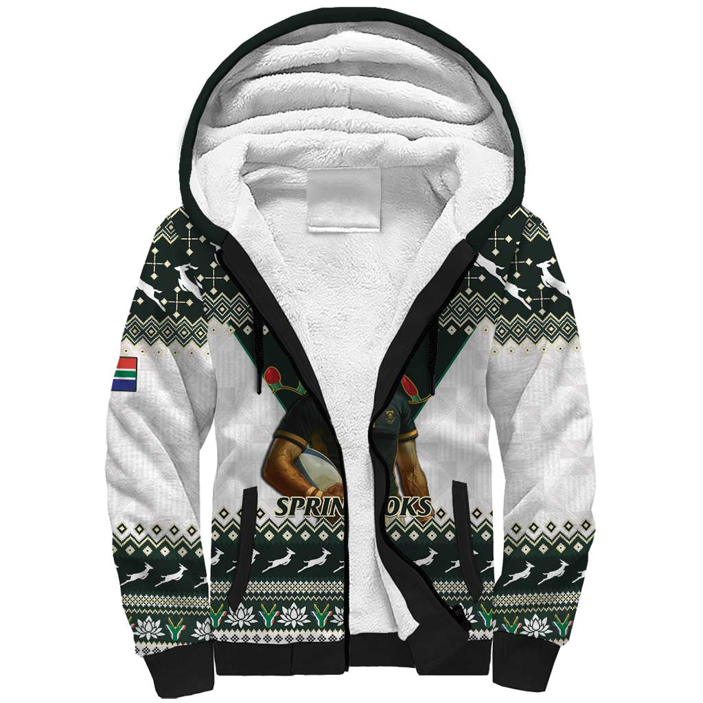 South Africa Christmas Rugby Sherpa Hoodie Springboks Mascot Mix African Pattern - Wonder Print Shop