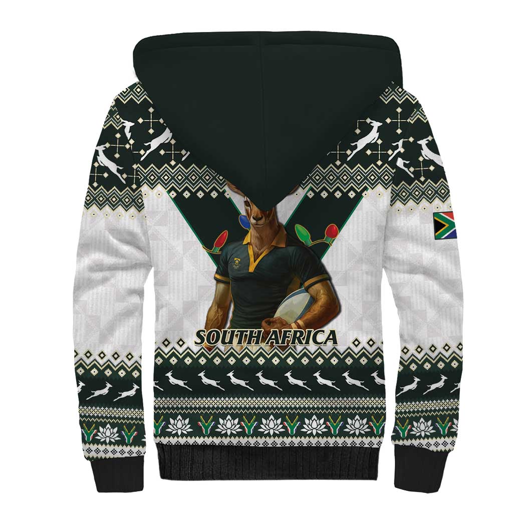 South Africa Christmas Rugby Sherpa Hoodie Springboks Mascot Mix African Pattern - Wonder Print Shop