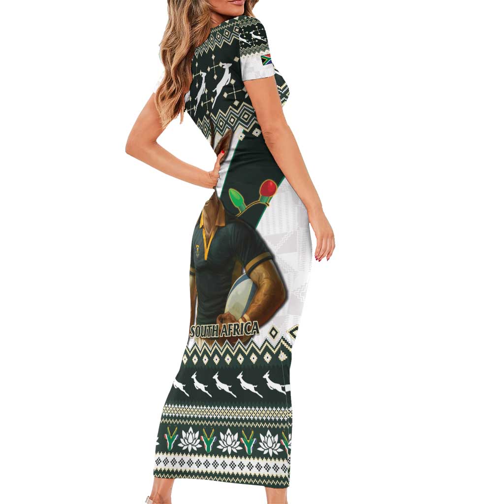 South Africa Christmas Rugby Short Sleeve Bodycon Dress Springboks Mascot Mix African Pattern - Wonder Print Shop