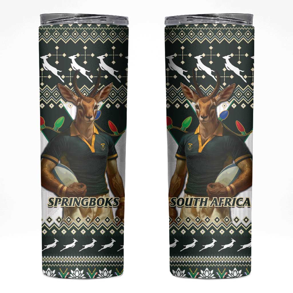 South Africa Christmas Rugby Skinny Tumbler Springboks Mascot Mix African Pattern - Wonder Print Shop