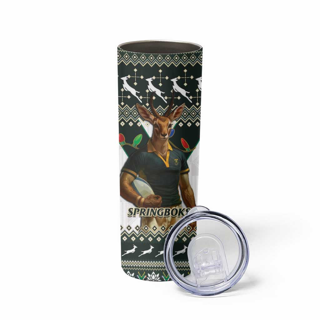South Africa Christmas Rugby Skinny Tumbler Springboks Mascot Mix African Pattern - Wonder Print Shop