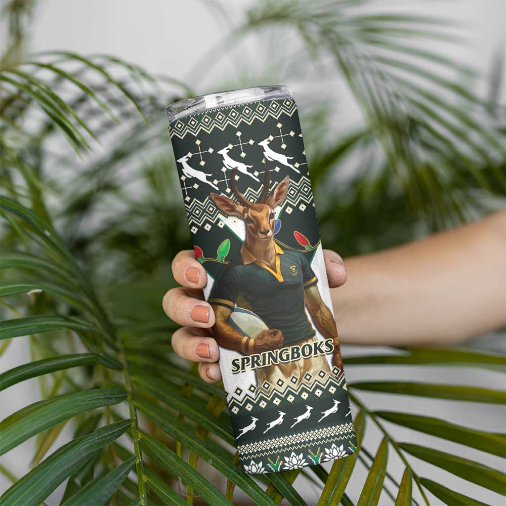 South Africa Christmas Rugby Skinny Tumbler Springboks Mascot Mix African Pattern - Wonder Print Shop