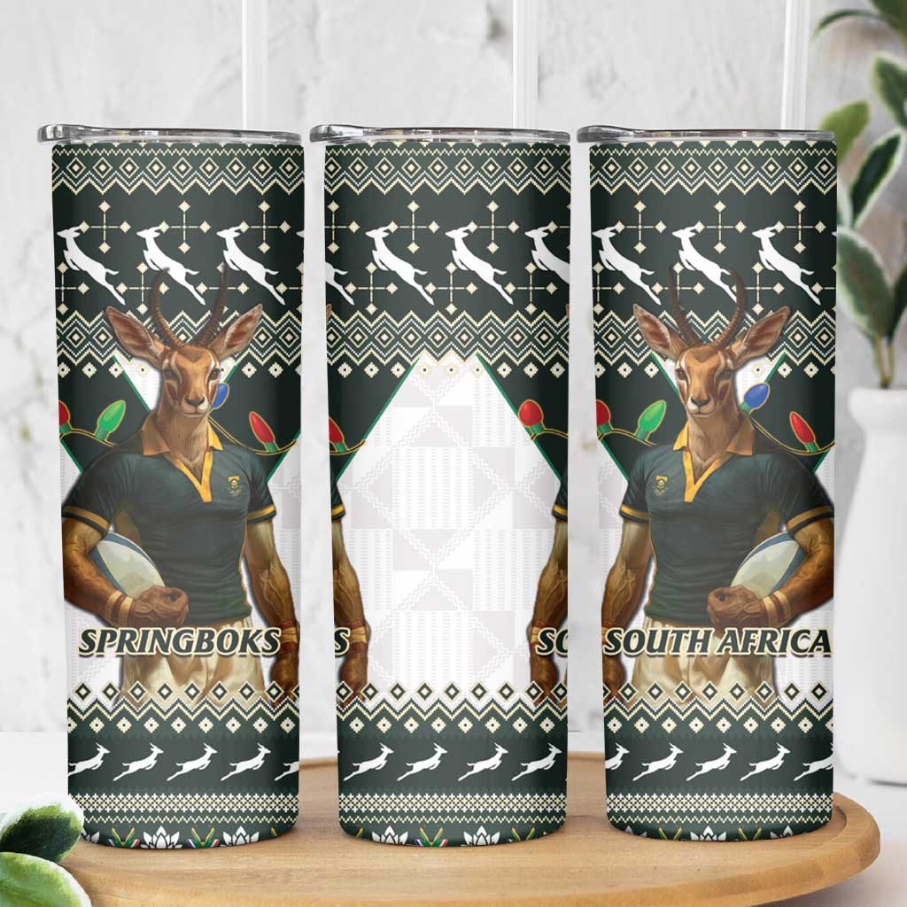 South Africa Christmas Rugby Skinny Tumbler Springboks Mascot Mix African Pattern - Wonder Print Shop