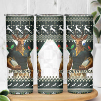 South Africa Christmas Rugby Skinny Tumbler Springboks Mascot Mix African Pattern - Wonder Print Shop