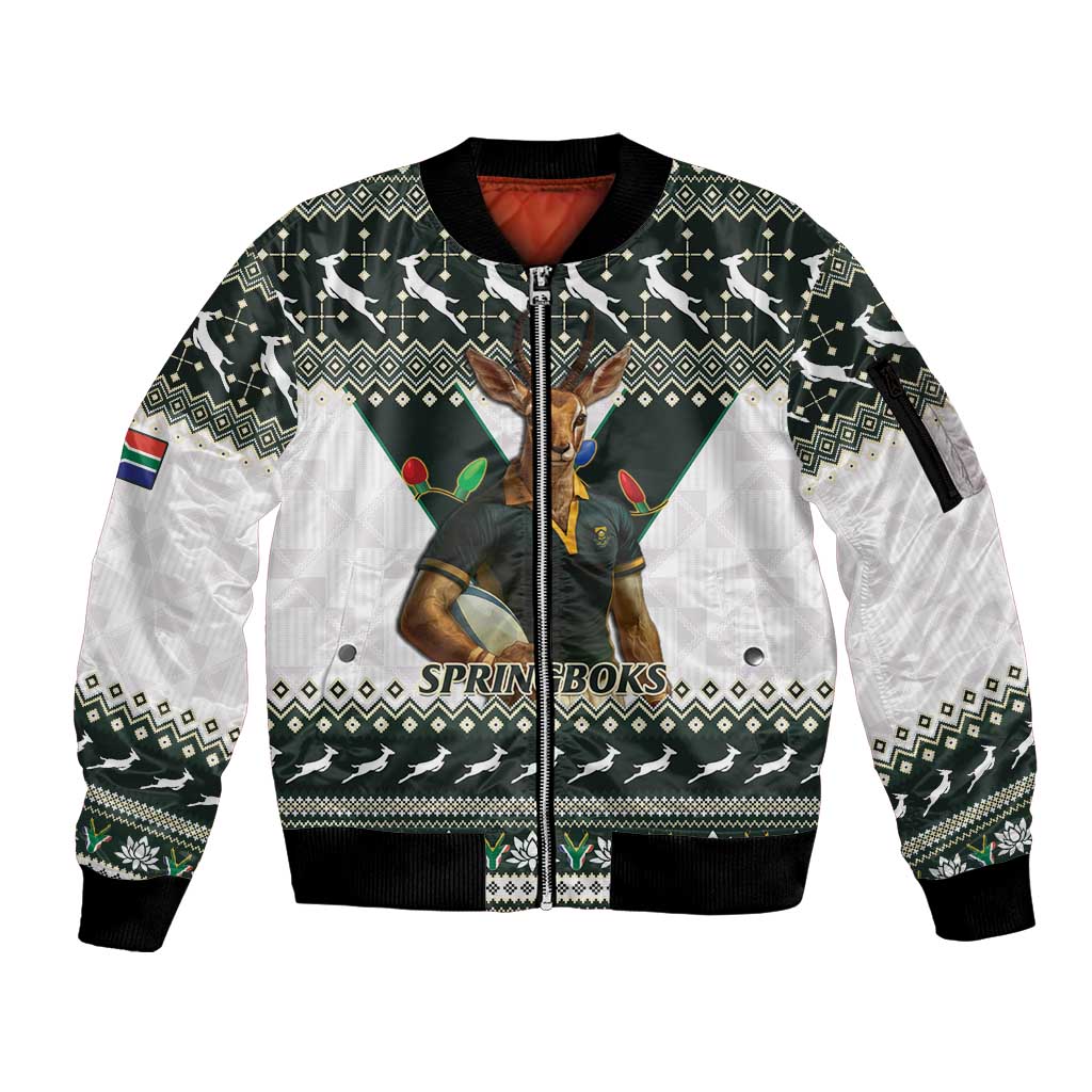 South Africa Christmas Rugby Sleeve Zip Bomber Jacket Springboks Mascot Mix African Pattern - Wonder Print Shop