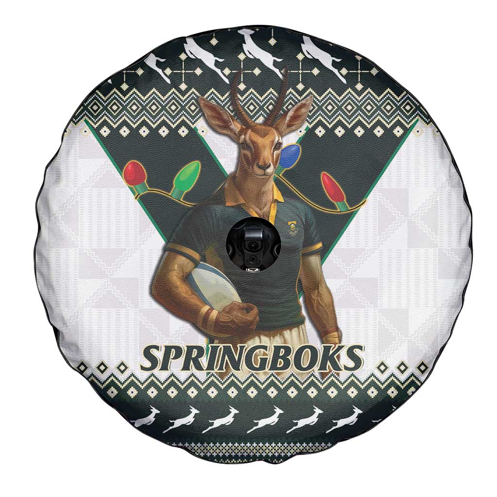 South Africa Christmas Rugby Spare Tire Cover Springboks Mascot Mix African Pattern - Wonder Print Shop