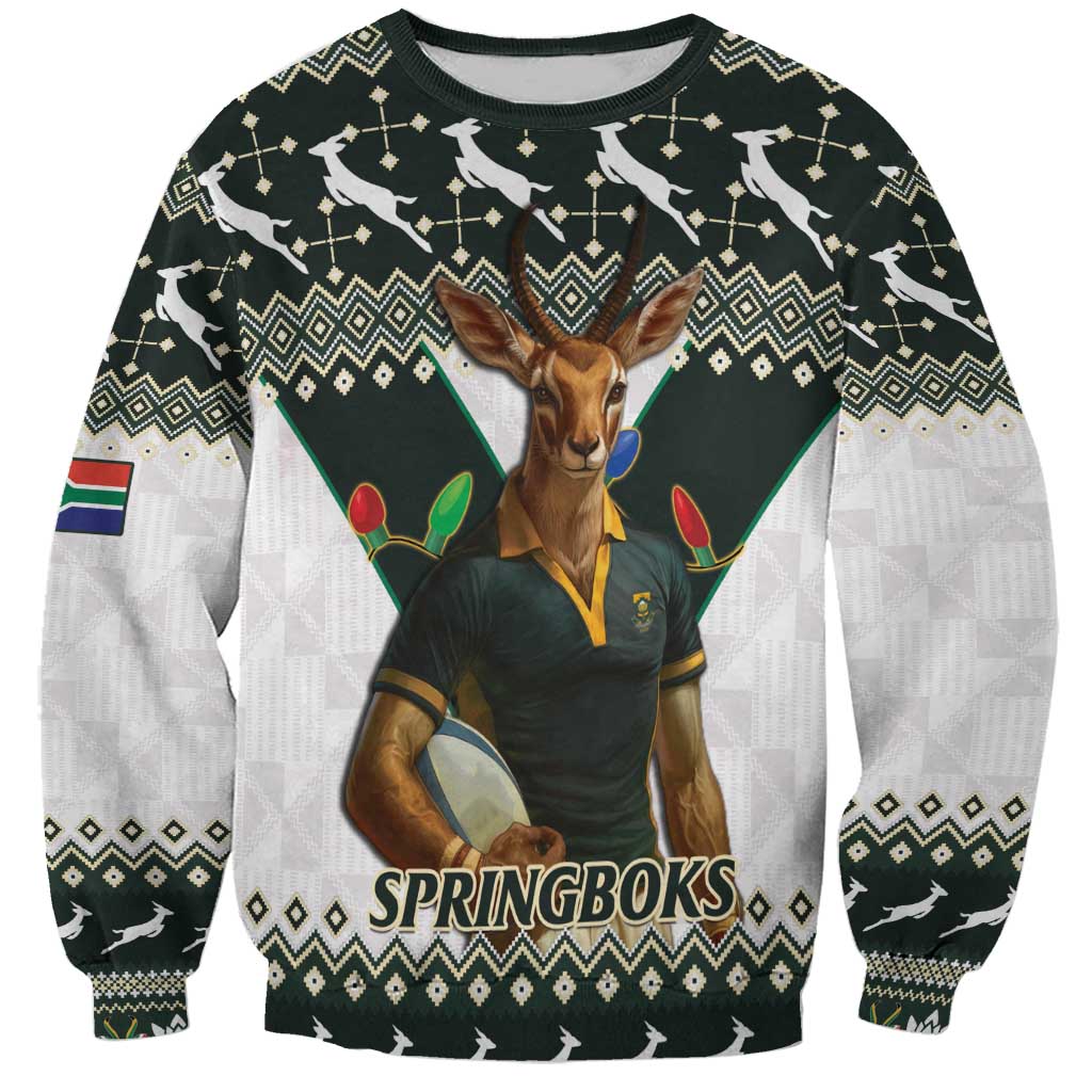 South Africa Christmas Rugby Sweatshirt Springboks Mascot Mix African Pattern - Wonder Print Shop