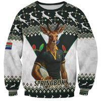 South Africa Christmas Rugby Sweatshirt Springboks Mascot Mix African Pattern - Wonder Print Shop