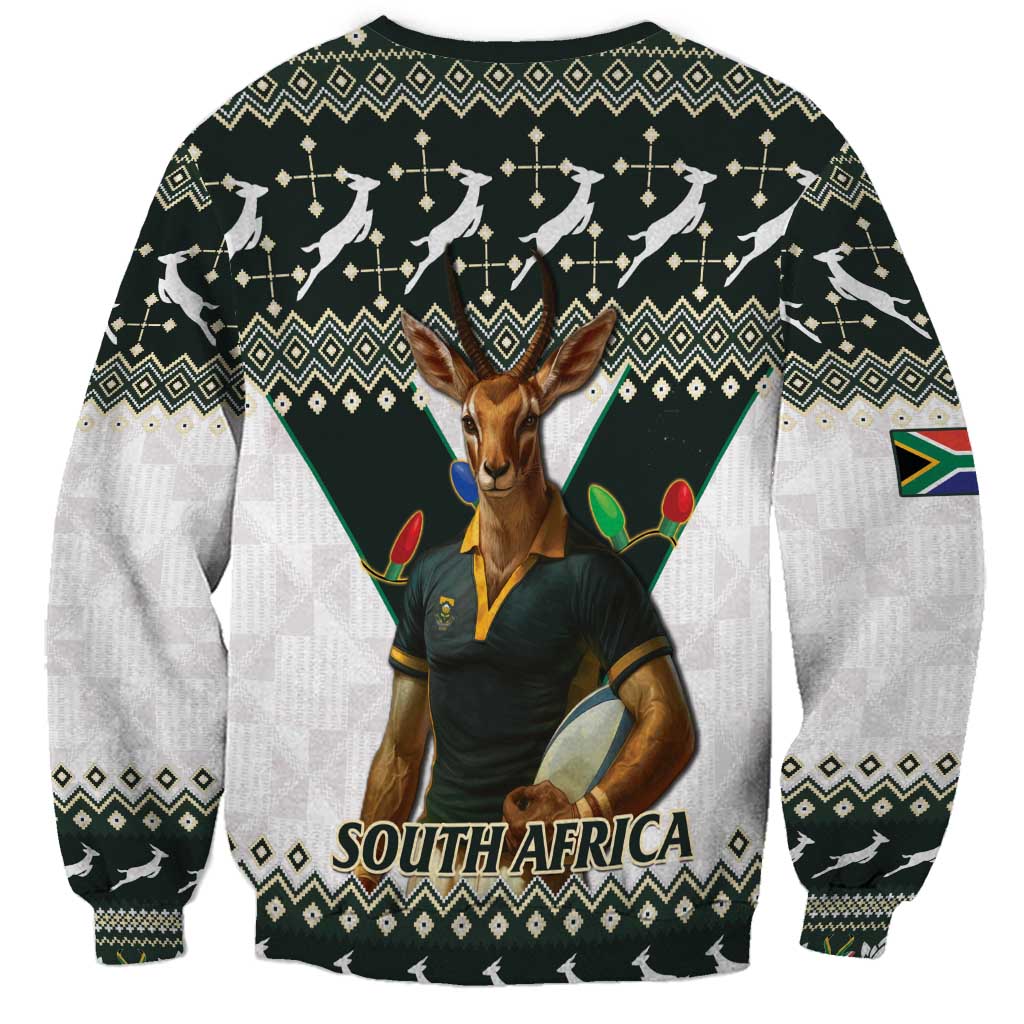 South Africa Christmas Rugby Sweatshirt Springboks Mascot Mix African Pattern - Wonder Print Shop