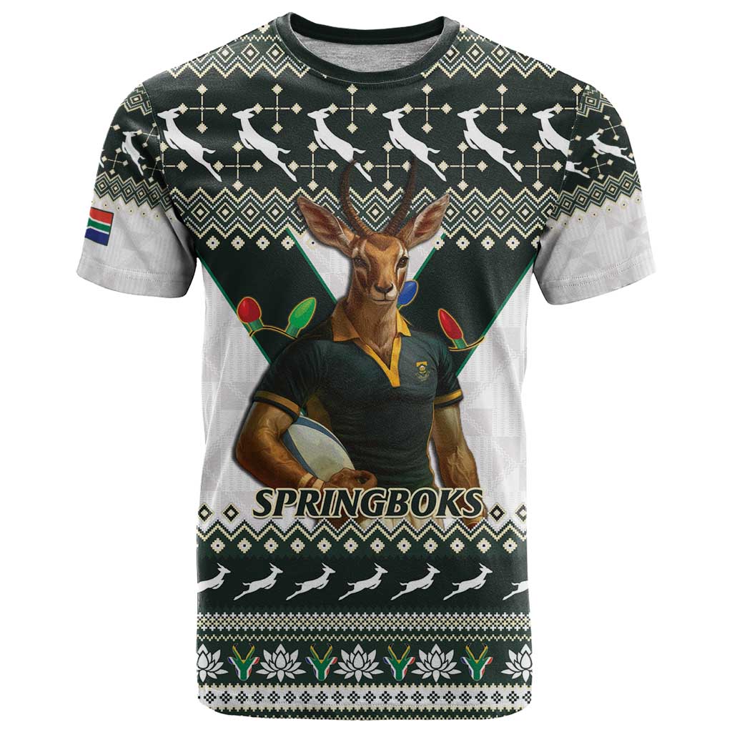 South Africa Christmas Rugby T Shirt Springboks Mascot Mix African Pattern - Wonder Print Shop