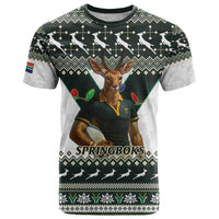 South Africa Christmas Rugby T Shirt Springboks Mascot Mix African Pattern - Wonder Print Shop