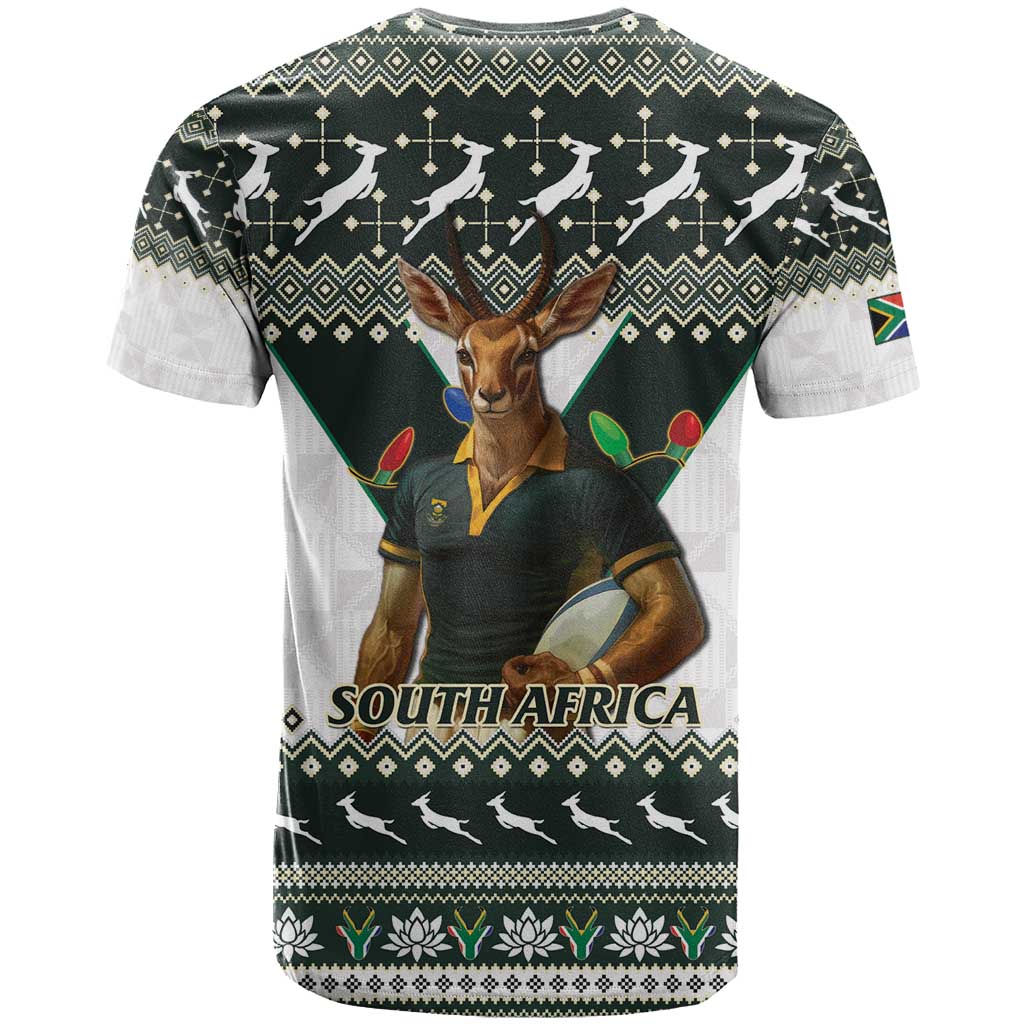 South Africa Christmas Rugby T Shirt Springboks Mascot Mix African Pattern - Wonder Print Shop