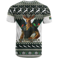 South Africa Christmas Rugby T Shirt Springboks Mascot Mix African Pattern - Wonder Print Shop