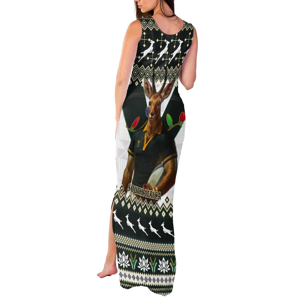 South Africa Christmas Rugby Tank Maxi Dress Springboks Mascot Mix African Pattern - Wonder Print Shop