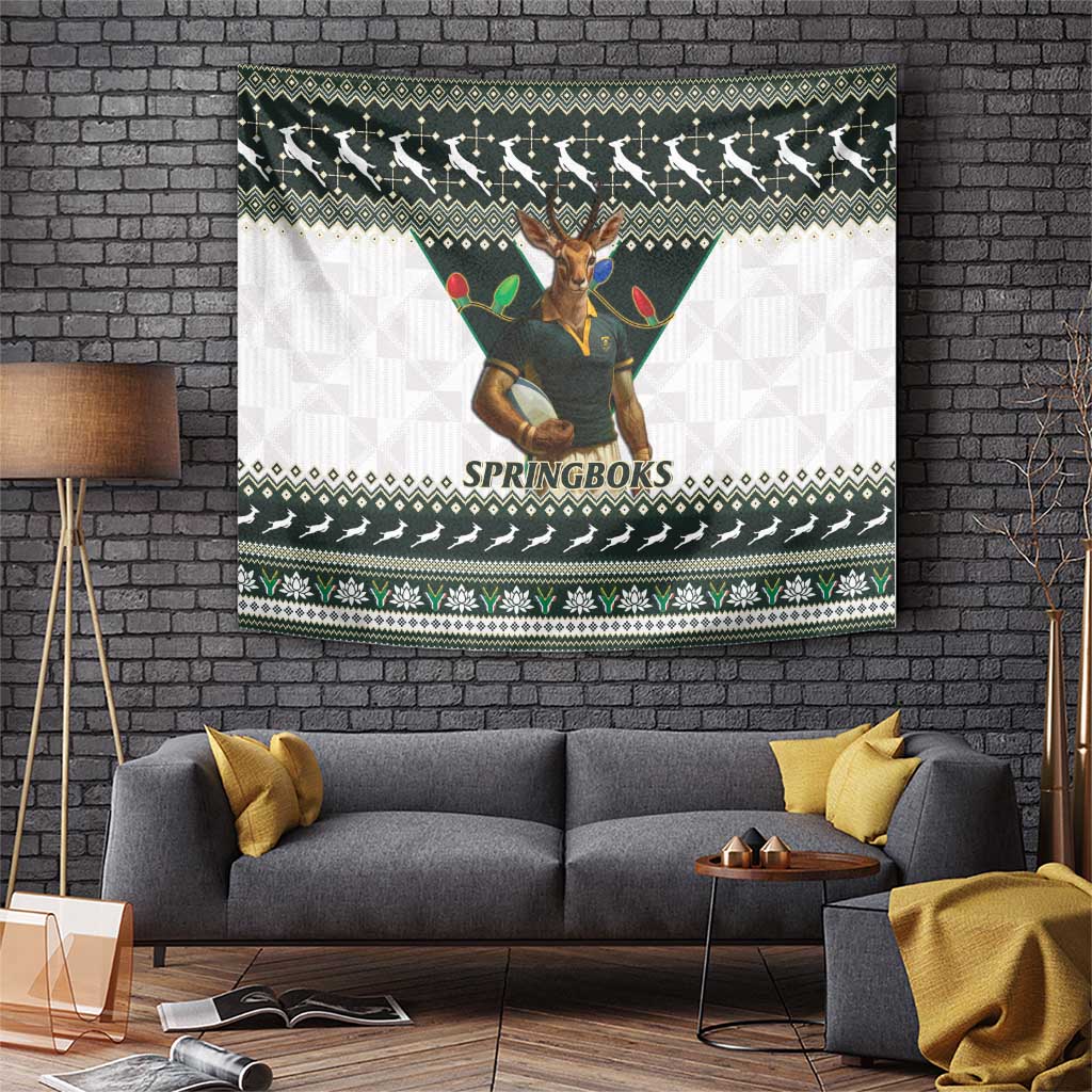 South Africa Christmas Rugby Tapestry Springboks Mascot Mix African Pattern - Wonder Print Shop