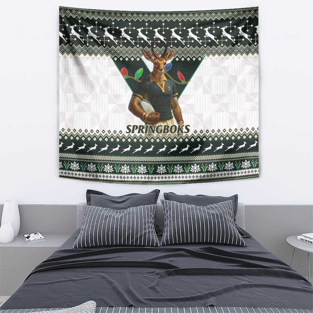 South Africa Christmas Rugby Tapestry Springboks Mascot Mix African Pattern - Wonder Print Shop