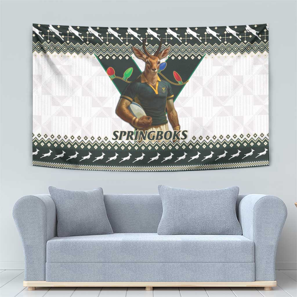 South Africa Christmas Rugby Tapestry Springboks Mascot Mix African Pattern - Wonder Print Shop
