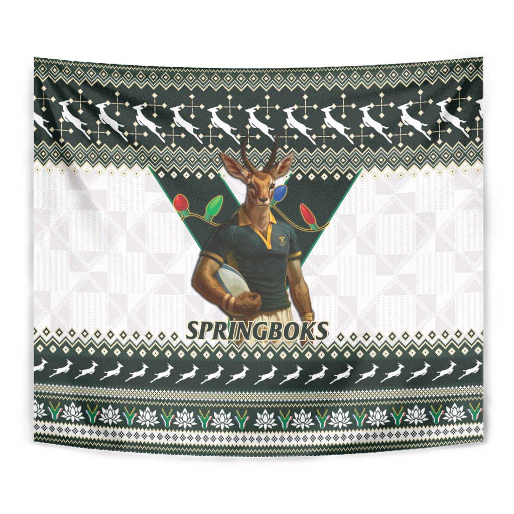 South Africa Christmas Rugby Tapestry Springboks Mascot Mix African Pattern - Wonder Print Shop