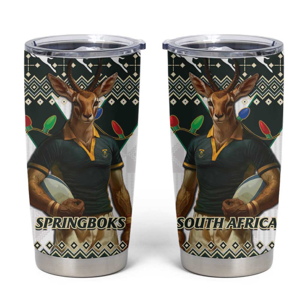 South Africa Christmas Rugby Tumbler Cup Springboks Mascot Mix African Pattern - Wonder Print Shop