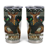 South Africa Christmas Rugby Tumbler Cup Springboks Mascot Mix African Pattern - Wonder Print Shop