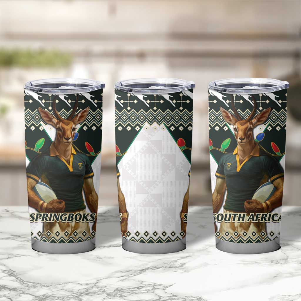 South Africa Christmas Rugby Tumbler Cup Springboks Mascot Mix African Pattern - Wonder Print Shop