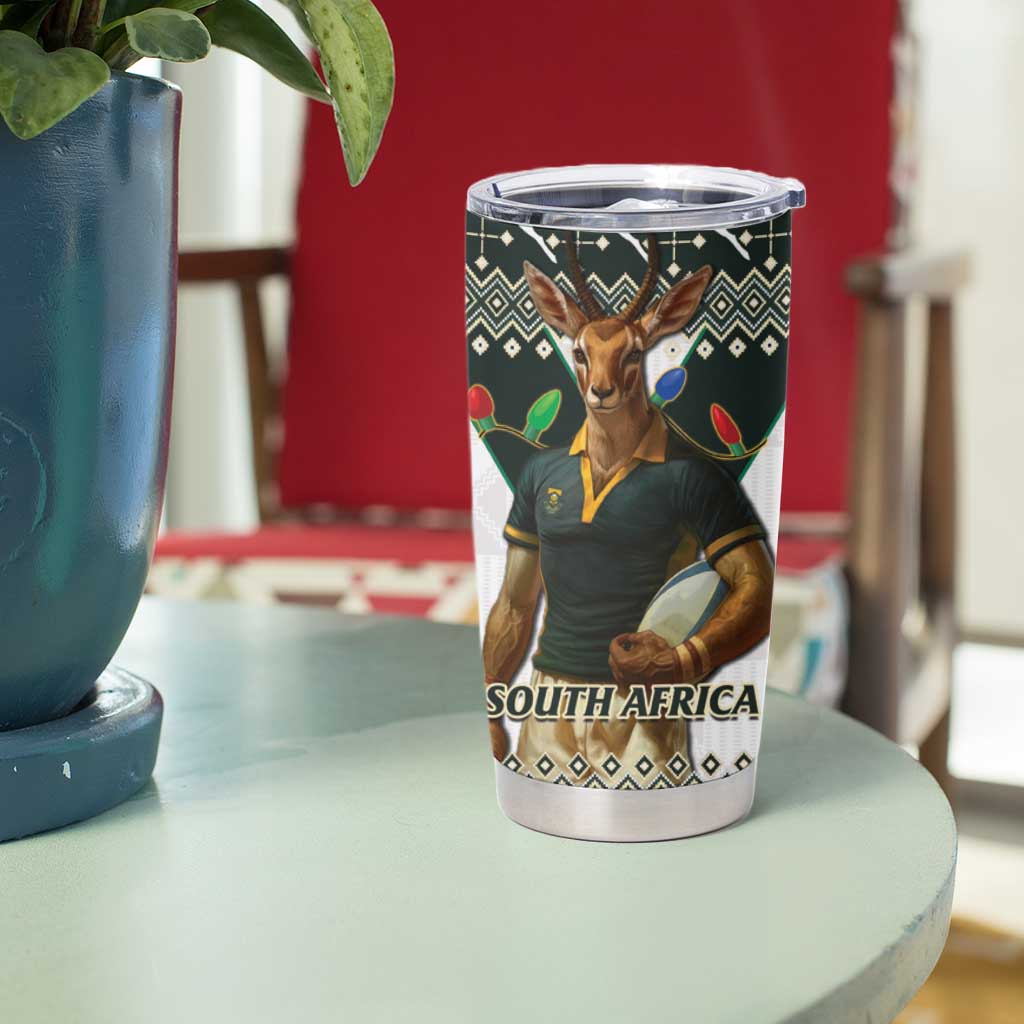 South Africa Christmas Rugby Tumbler Cup Springboks Mascot Mix African Pattern - Wonder Print Shop