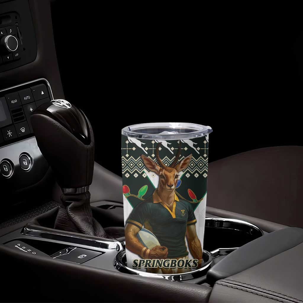 South Africa Christmas Rugby Tumbler Cup Springboks Mascot Mix African Pattern - Wonder Print Shop