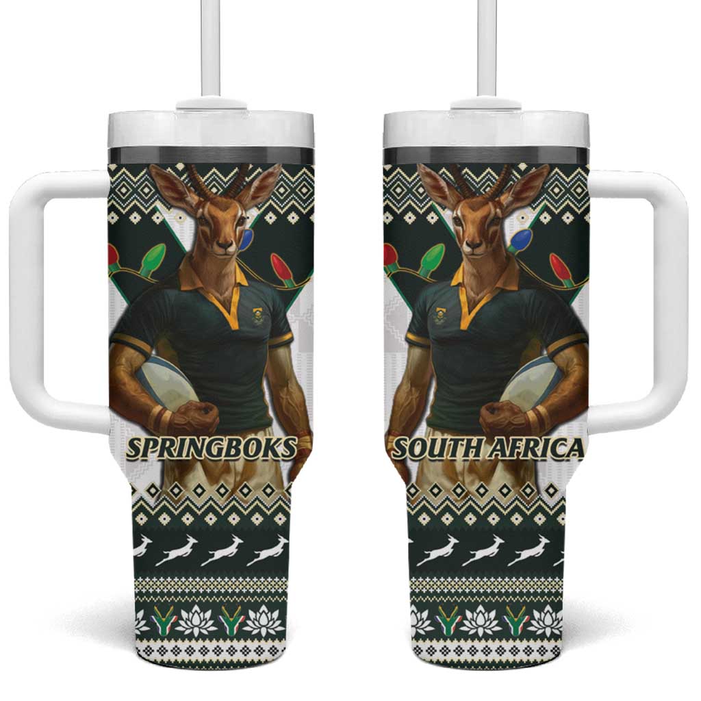 South Africa Christmas Rugby Tumbler With Handle Springboks Mascot Mix African Pattern - Wonder Print Shop