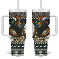 South Africa Christmas Rugby Tumbler With Handle Springboks Mascot Mix African Pattern - Wonder Print Shop