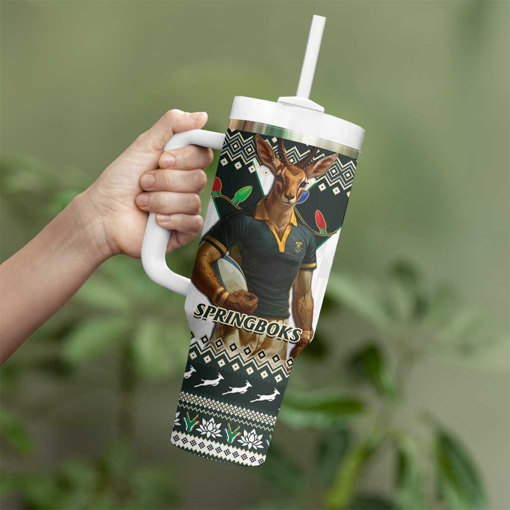 South Africa Christmas Rugby Tumbler With Handle Springboks Mascot Mix African Pattern - Wonder Print Shop