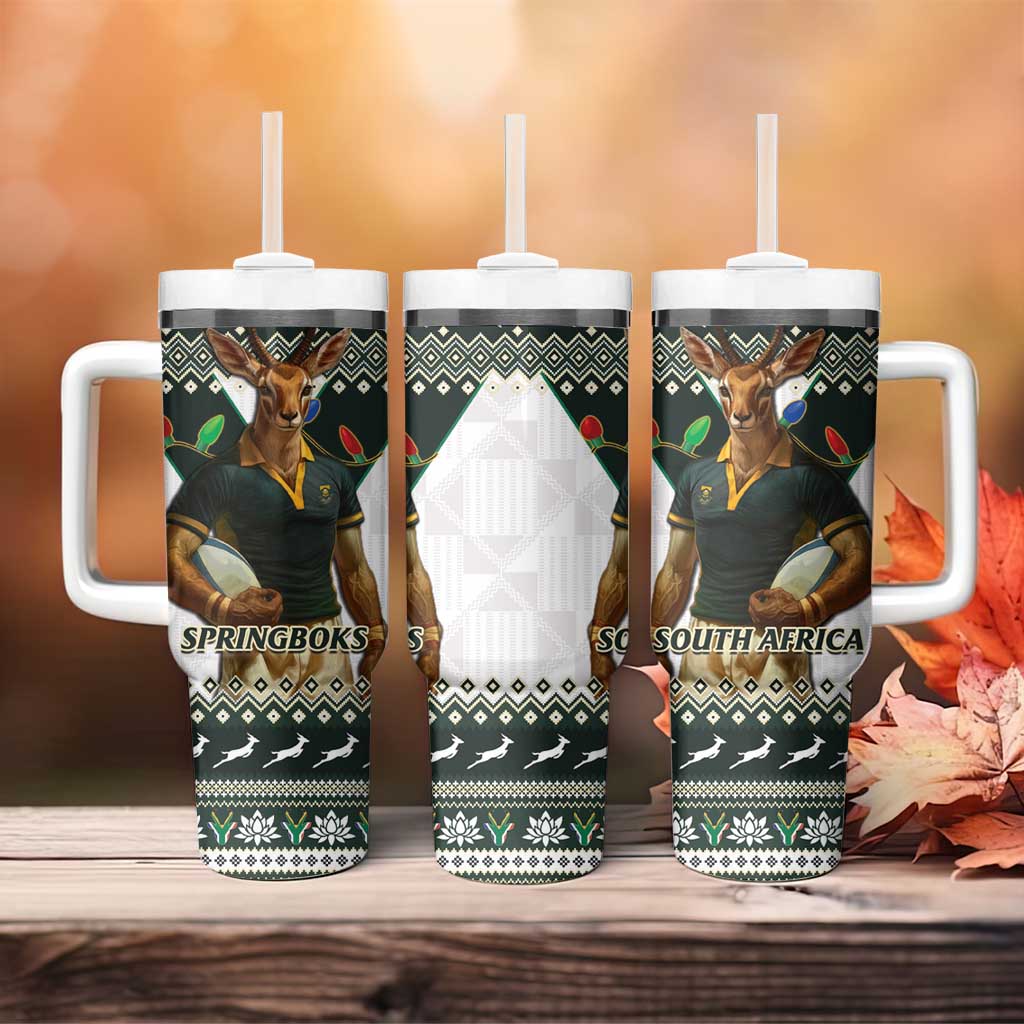 South Africa Christmas Rugby Tumbler With Handle Springboks Mascot Mix African Pattern - Wonder Print Shop