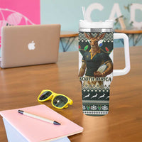 South Africa Christmas Rugby Tumbler With Handle Springboks Mascot Mix African Pattern - Wonder Print Shop