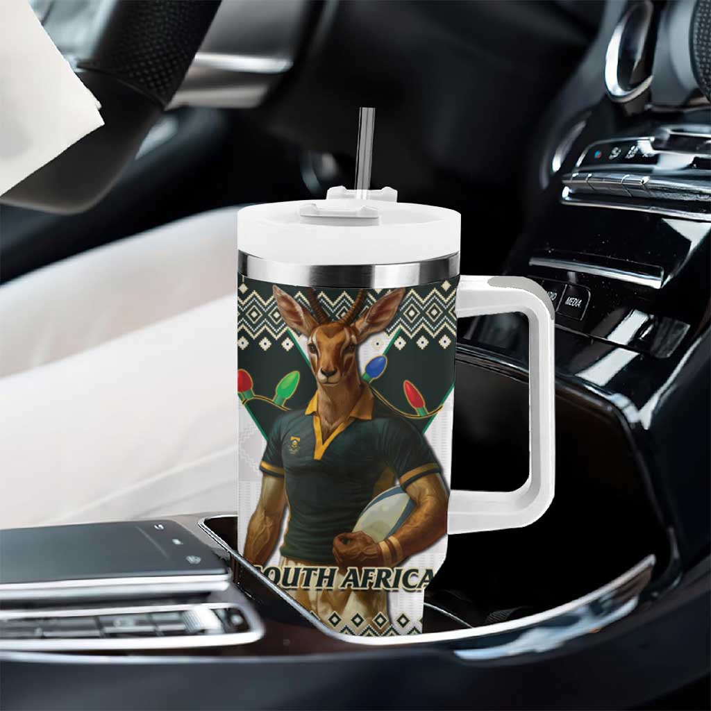 South Africa Christmas Rugby Tumbler With Handle Springboks Mascot Mix African Pattern - Wonder Print Shop