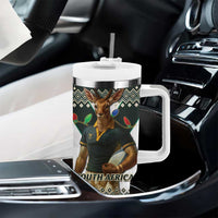 South Africa Christmas Rugby Tumbler With Handle Springboks Mascot Mix African Pattern - Wonder Print Shop
