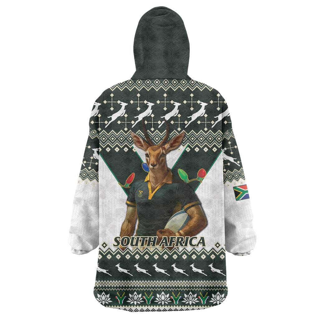 South Africa Christmas Rugby Wearable Blanket Hoodie Springboks Mascot Mix African Pattern - Wonder Print Shop